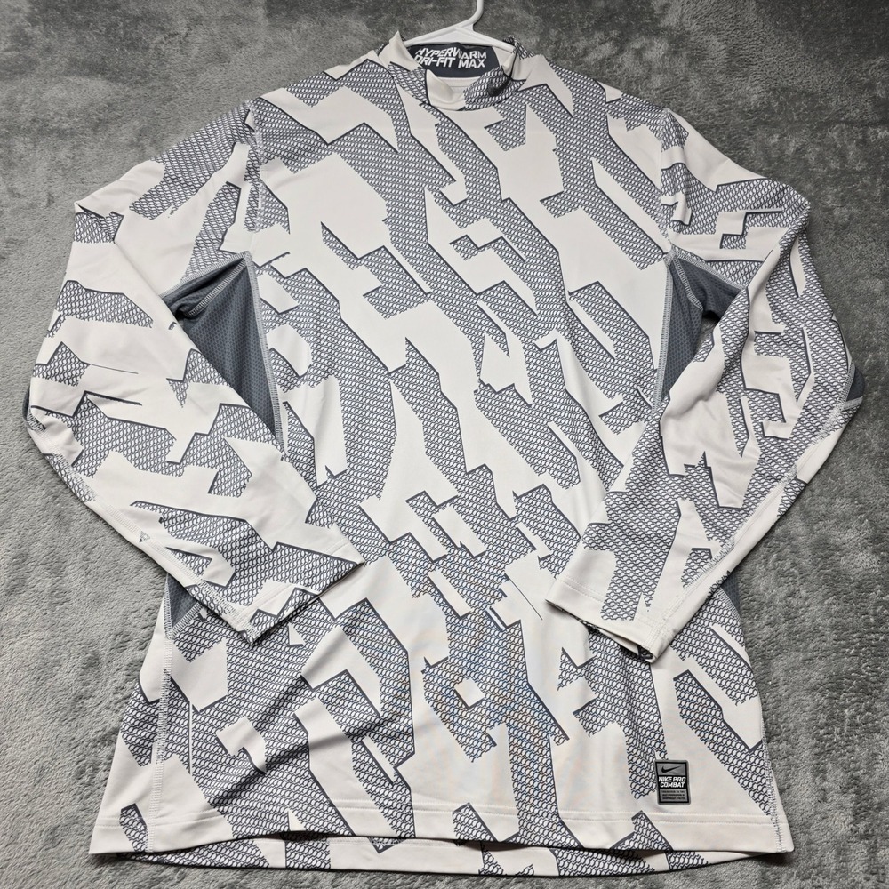 Nike Pro Combat Hyperwarm Dri-Fit Max Compression Shirt Mens L White Grey Check
